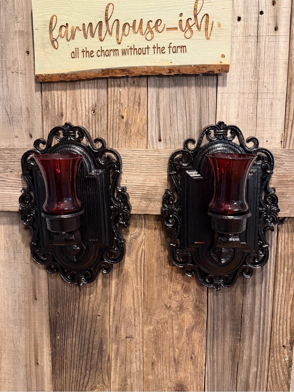 Vintage Gothic Black Candle Wall Sconces with Red Glass Shades
